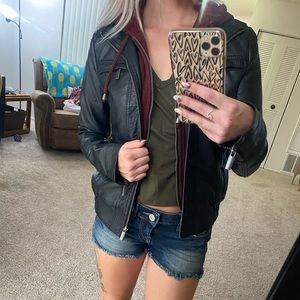 Leather jacket with burgundy partial sweatshirt